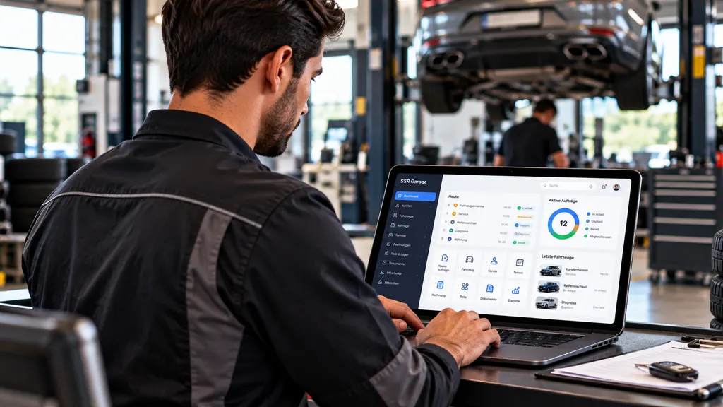 Concept visualisation: mechanic working with the garage software on a laptop in the workshop.