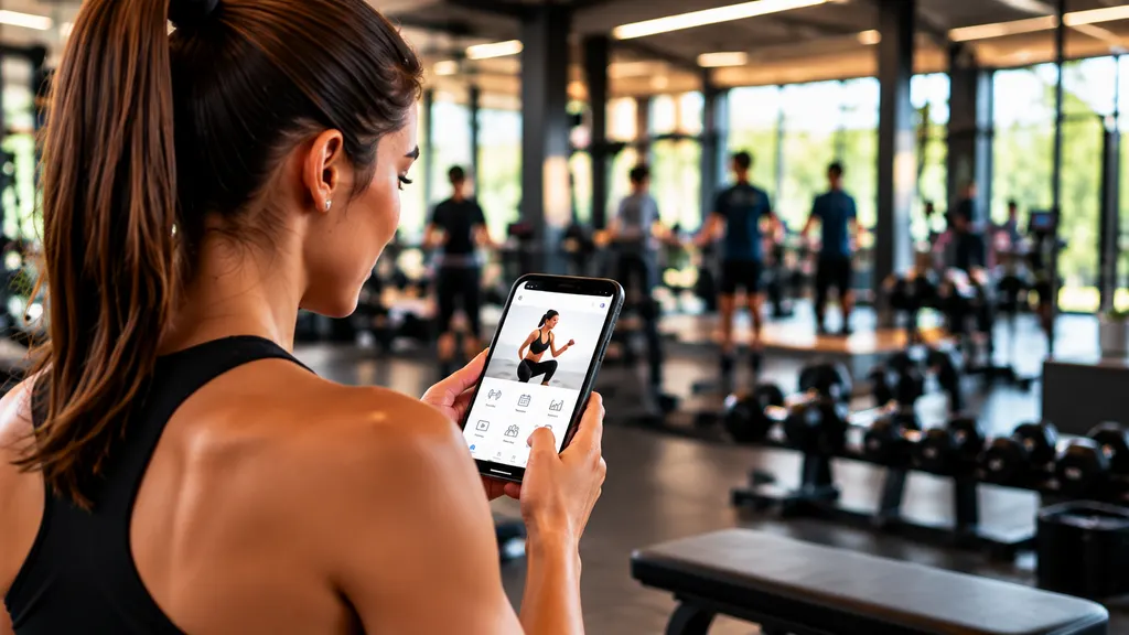 Mitglied nutzt im Fitnessstudio eine Trainings-App auf dem Smartphone, im Hintergrund Hanteln und trainierende Mitglieder.