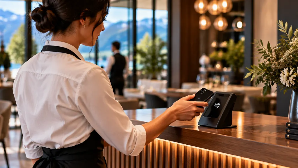 Mitarbeiterin hält ein Smartphone an einen NFC-Aufsteller am Tresen eines Restaurants.
