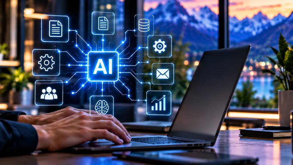 Person at a laptop with a visualisation of automated workflows for documents, e-mails and data.