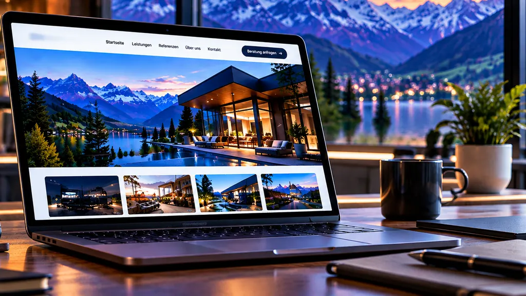 Responsive company website on a laptop at a workplace with a mountain view.
