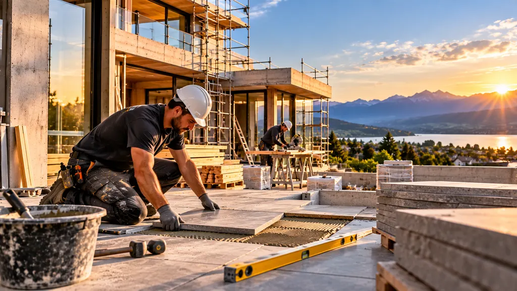 Tradesman laying floor tiles on a terrace with mountain view (demo image).