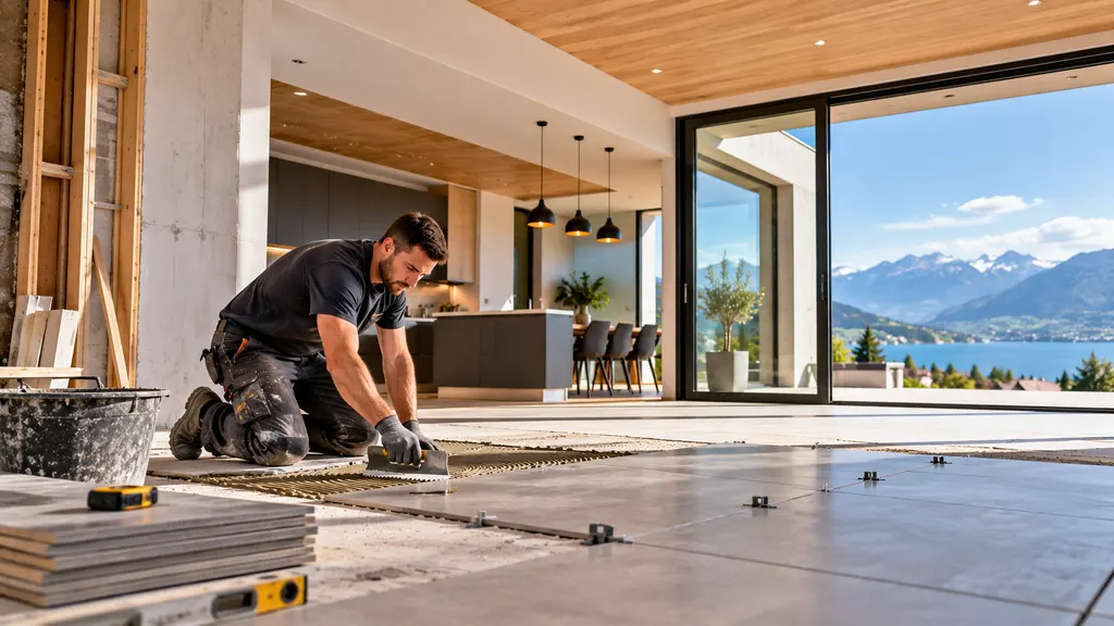 Tradesman laying large floor tiles in a bright living space with lake view (demo image).