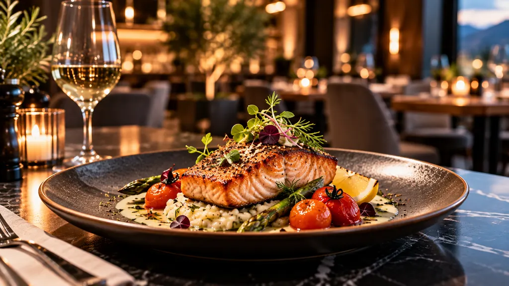 Gebratenes Lachsfilet auf Risotto mit Spargel und Tomaten, daneben ein Glas Weisswein (Demo-Bild).