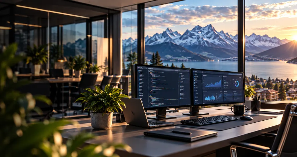 Modern workplace with code and a dashboard on two screens, lake and mountains in the background.