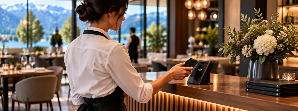Ein Smartphone wird an einen NFC-Aufsteller gehalten, die digitale Seite öffnet sich (Beispieldarstellung).