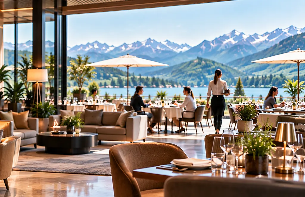 Restaurant-Terrasse mit Blick auf See und Berge.
