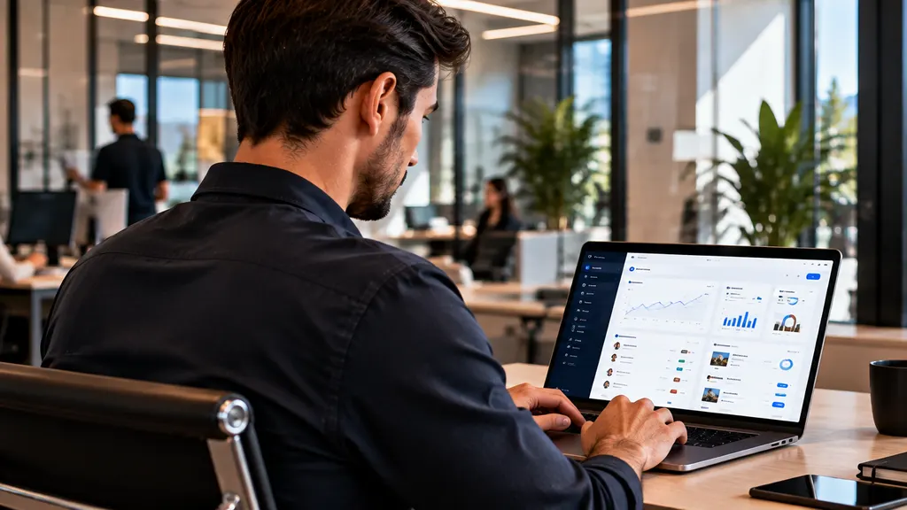 Mitarbeiter arbeitet im Büro mit einer Business-Software auf dem Laptop.