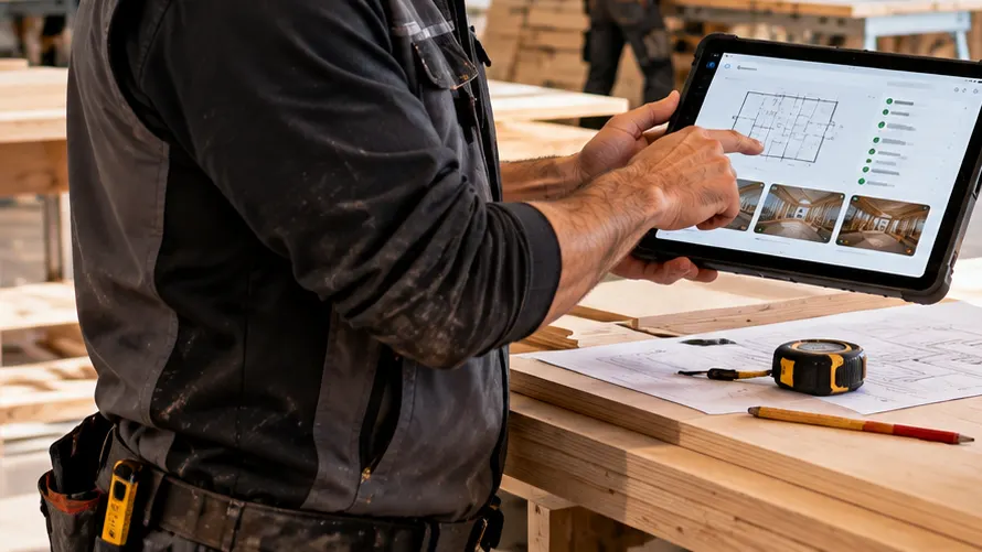 Handwerker prüft in der Werkstatt einen Bauplan auf dem Tablet.