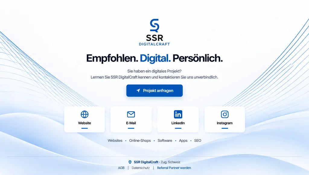 Screenshot der Partnerseite von SSR DigitalCraft mit dem Titel «Empfohlen. Digital. Persönlich.» und einem Button zur Projektanfrage.