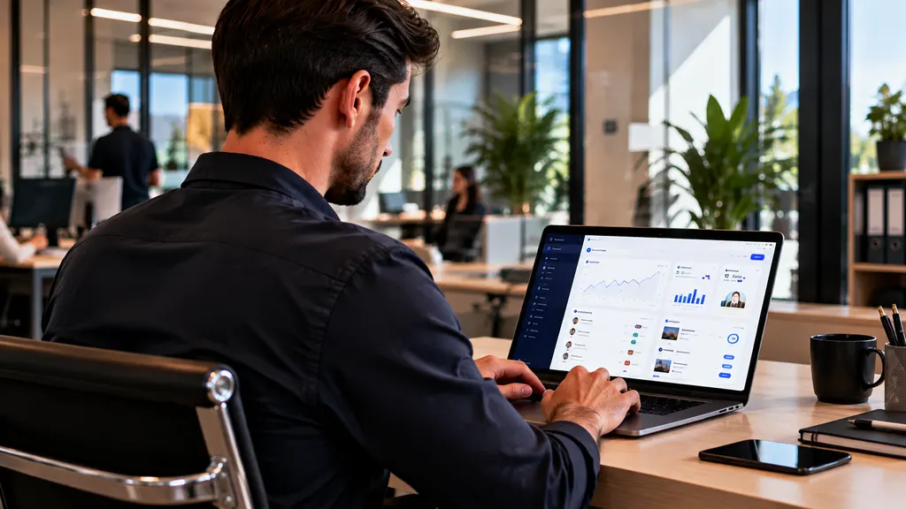 Person arbeitet im Büro mit einer Business-Anwendung auf dem Laptop.
