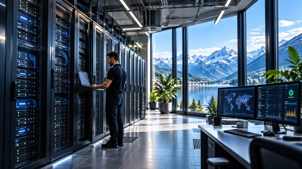 Technician at server racks in a data centre, with monitoring screens next to them.