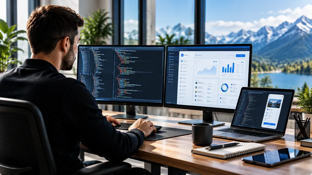Developer working on two screens with code and the dashboard of a web application.
