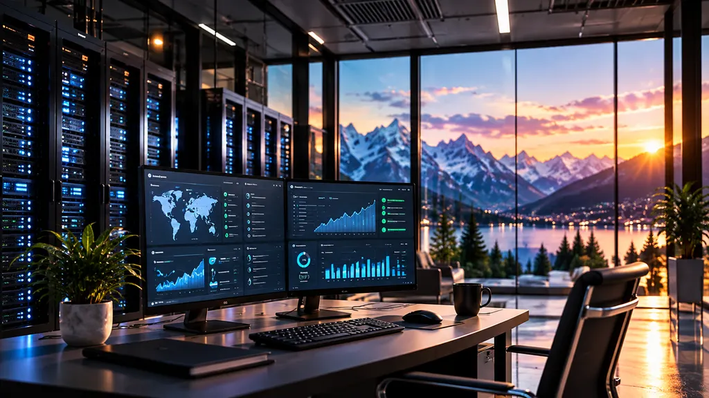 Monitoring-Arbeitsplatz in einem Rechenzentrum mit Serverschränken und Bergsicht.